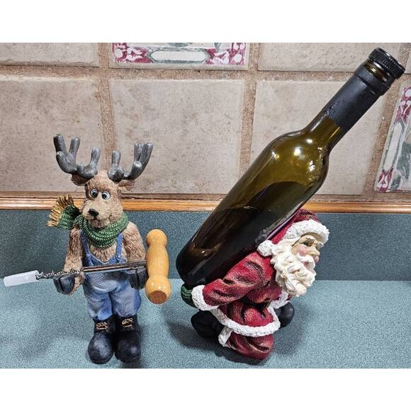 Santa Claus Wine Bottle Holder With Reindeer Corkscrew Opener Ceramic/Resin - Picture 1 of 8